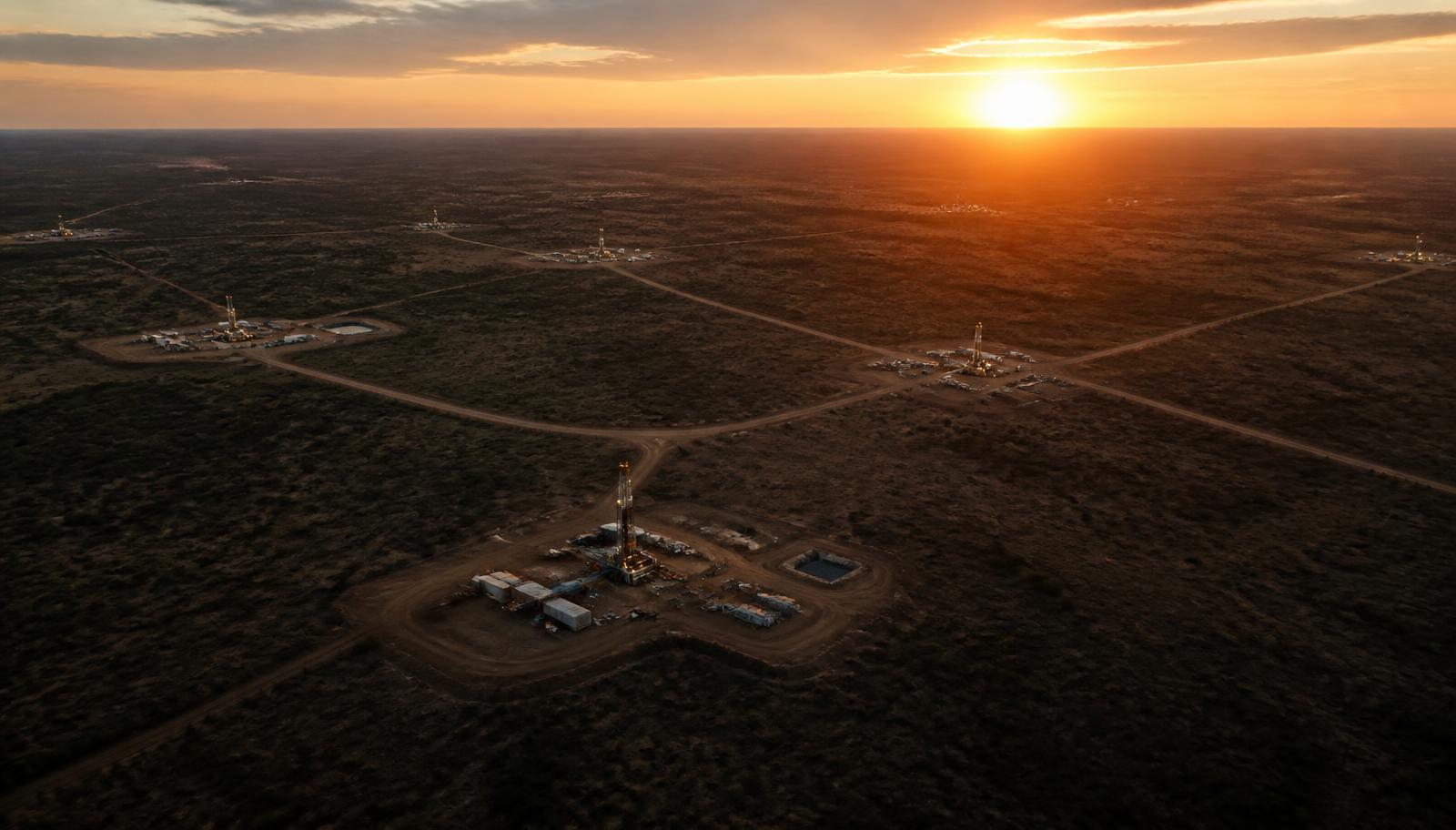 Aerial view of a Texas oilfield lease at dawn